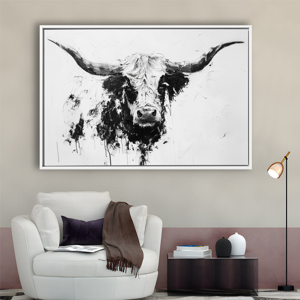 Highland Longhorn Cow Portrait Knife Painting, Framed Canvas Print, Painting Art, Floating Framed Canvas Print 