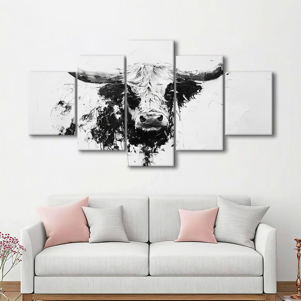 Highland Longhorn Cow Portrait Knife Painting, Canvas Art Decor Print, Painting Art, Mixed Panels Canvas Print Wall Art