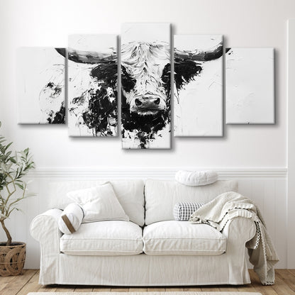 Highland Longhorn Cow Portrait Knife Painting, Canvas Art Decor Print, Painting Art, Mixed Panels Canvas Print Wall Art
