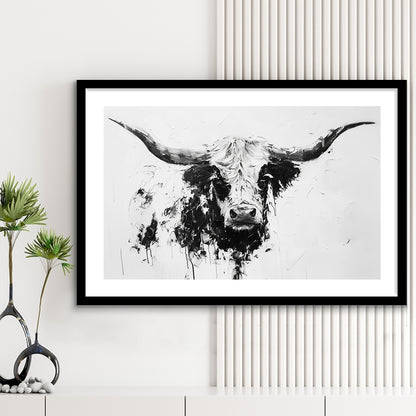 Highland Longhorn Cow Portrait Knife Painting, Framed  Print, Painting Art, Framed Art Print White Border Wall Decor