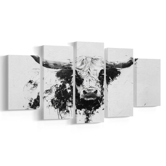 Highland Longhorn Cow Portrait Knife Painting, Canvas Art Decor Print, Painting Art, Mixed Panels Canvas Print Wall Art