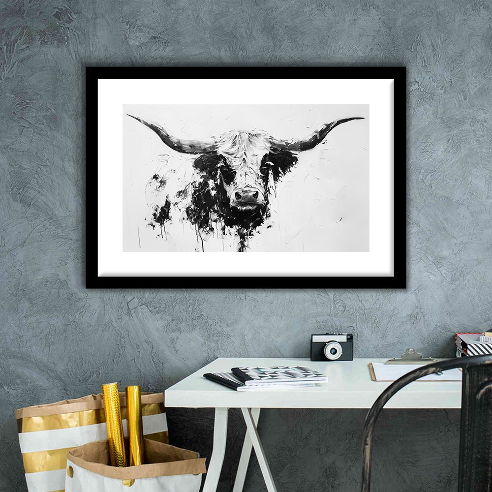 Highland Longhorn Cow Portrait Knife Painting, Framed  Print, Painting Art, Framed Art Print White Border Wall Decor