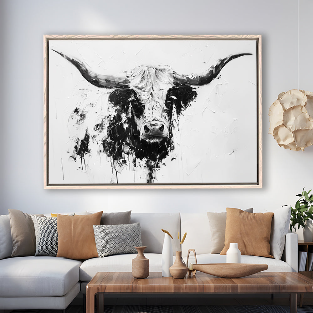 Highland Longhorn Cow Portrait Knife Painting, Framed Canvas Print, Painting Art, Floating Framed Canvas Print 