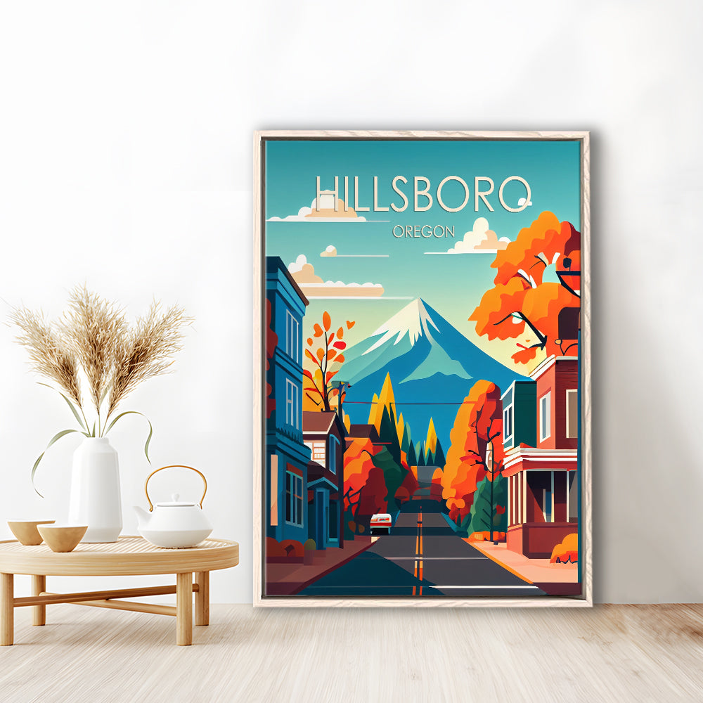 Hillsboro Oregon Retro Art Print, Hillsboro City Wall Art, Floating Framed Canvas Print, Framed Picture, Painting Canvas