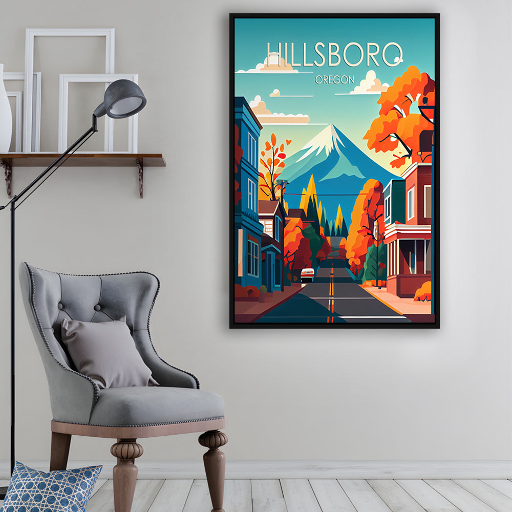 Hillsboro Oregon Retro Art Print, Hillsboro City Wall Art, Floating Framed Canvas Print, Framed Picture, Painting Canvas