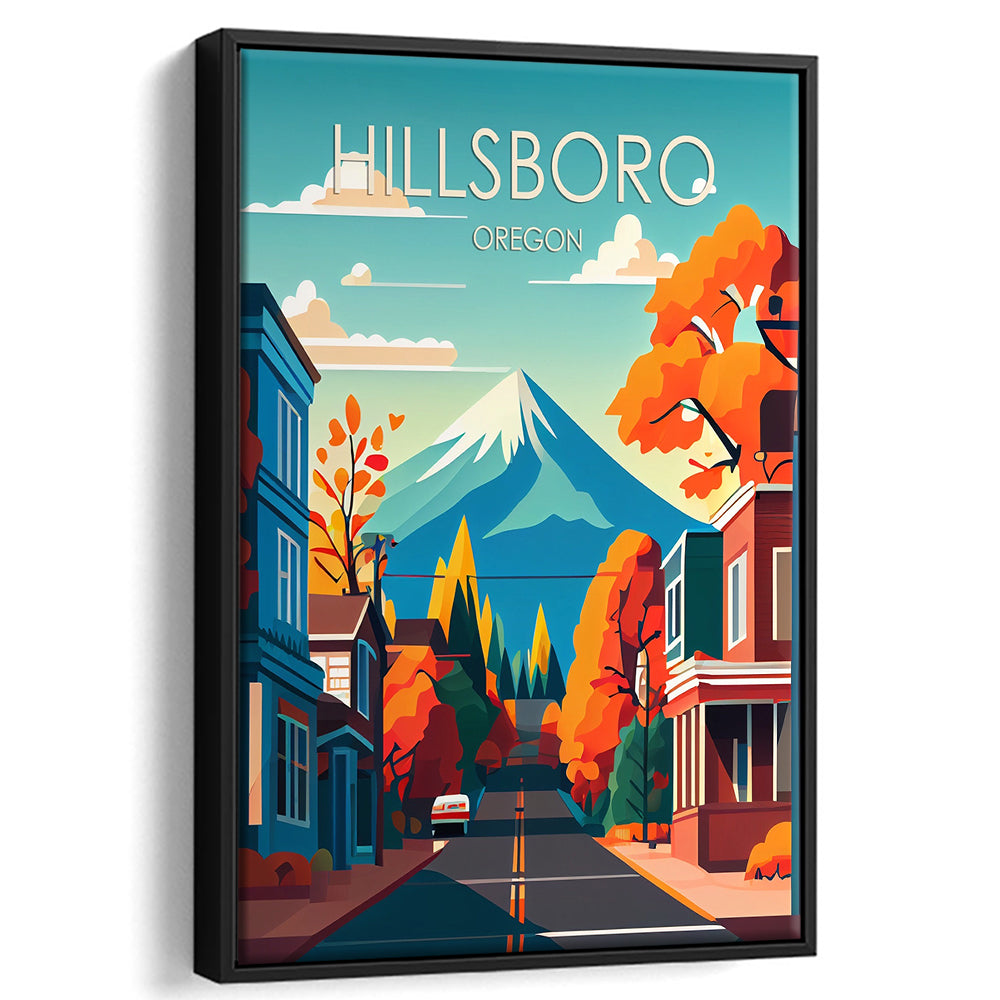 Hillsboro Oregon Retro Art Print, Hillsboro City Wall Art, Floating Framed Canvas Print, Framed Picture, Painting Canvas
