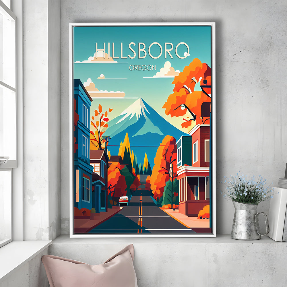 Hillsboro Oregon Retro Art Print, Hillsboro City Wall Art, Floating Framed Canvas Print, Framed Picture, Painting Canvas