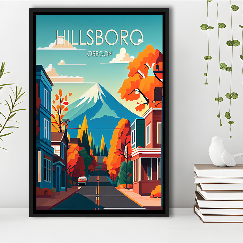 Hillsboro Oregon Retro Art Print, Hillsboro City Wall Art, Floating Framed Canvas Print, Framed Picture, Painting Canvas