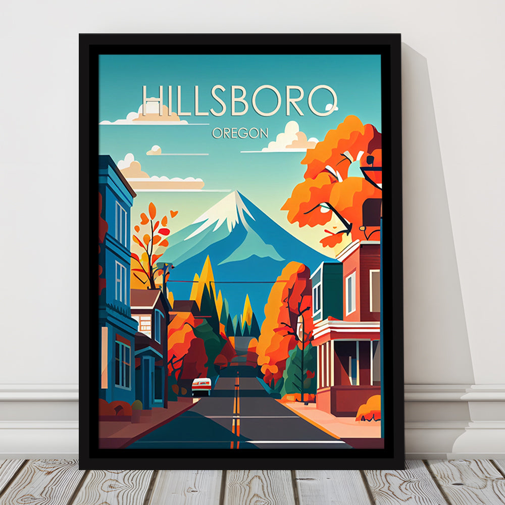 Hillsboro Oregon Retro Art Print, Hillsboro City Wall Art, Floating Framed Canvas Print, Framed Picture, Painting Canvas