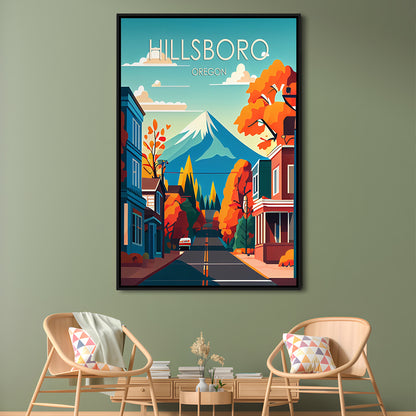 Hillsboro Oregon Retro Art Print, Hillsboro City Wall Art, Floating Framed Canvas Print, Framed Picture, Painting Canvas