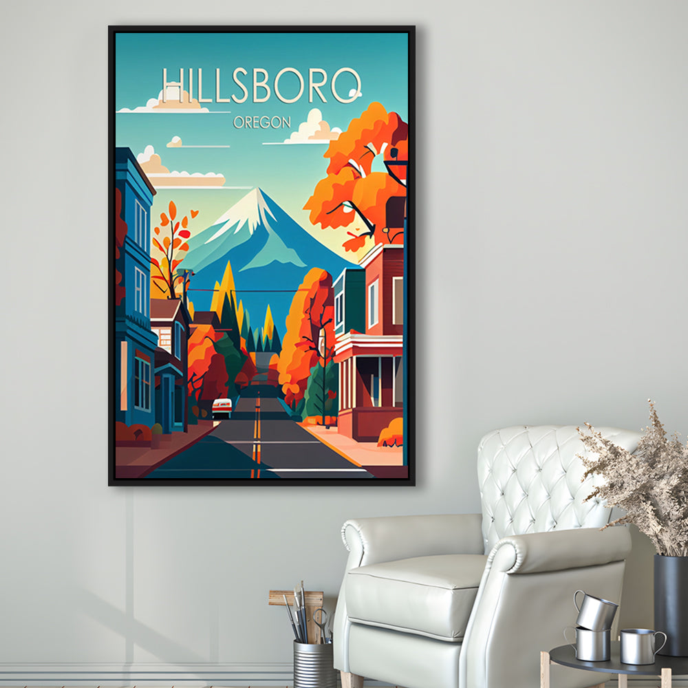 Hillsboro Oregon Retro Art Print, Hillsboro City Wall Art, Floating Framed Canvas Print, Framed Picture, Painting Canvas