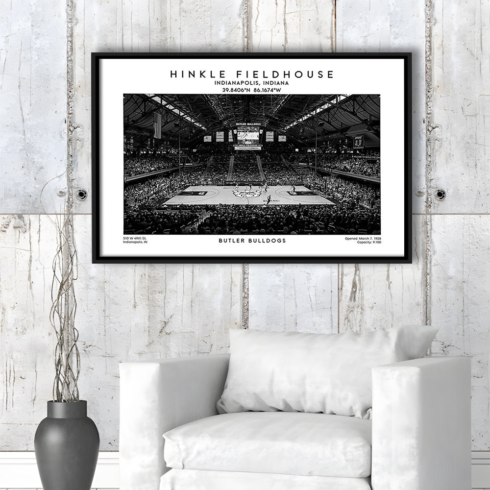 Hinkle Fieldhouse Stadium Black And White, Bulldogs Basketball Stadium Wall Art, Framed Canvas Print Wall Art