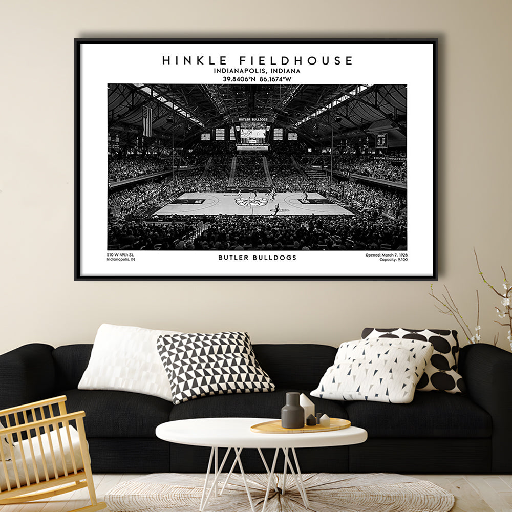Hinkle Fieldhouse Stadium Black And White, Bulldogs Basketball Stadium Wall Art, Framed Canvas Print Wall Art