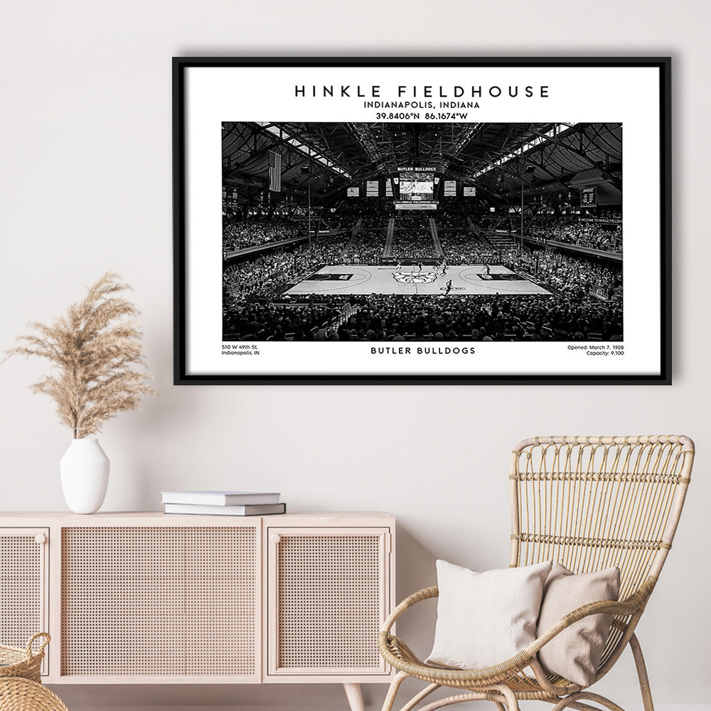 Hinkle Fieldhouse Stadium Black And White, Bulldogs Basketball Stadium Wall Art, Framed Canvas Print Wall Art