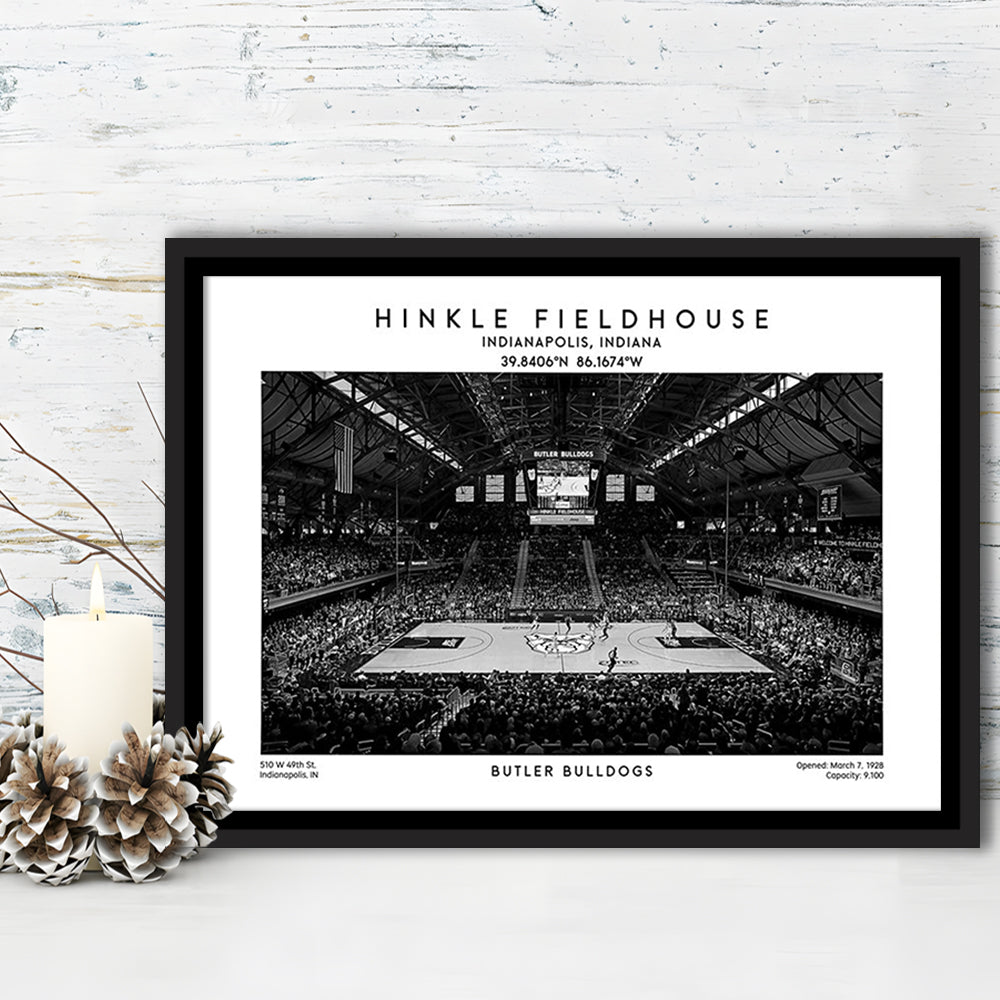 Hinkle Fieldhouse Stadium Black And White, Bulldogs Basketball Stadium Wall Art, Framed Canvas Print Wall Art