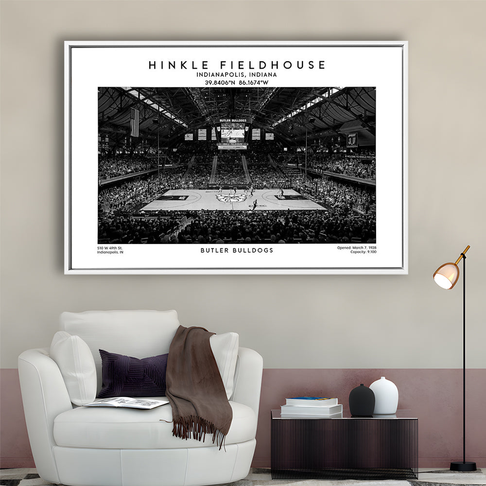 Hinkle Fieldhouse Stadium Black And White, Bulldogs Basketball Stadium Wall Art, Framed Canvas Print Wall Art