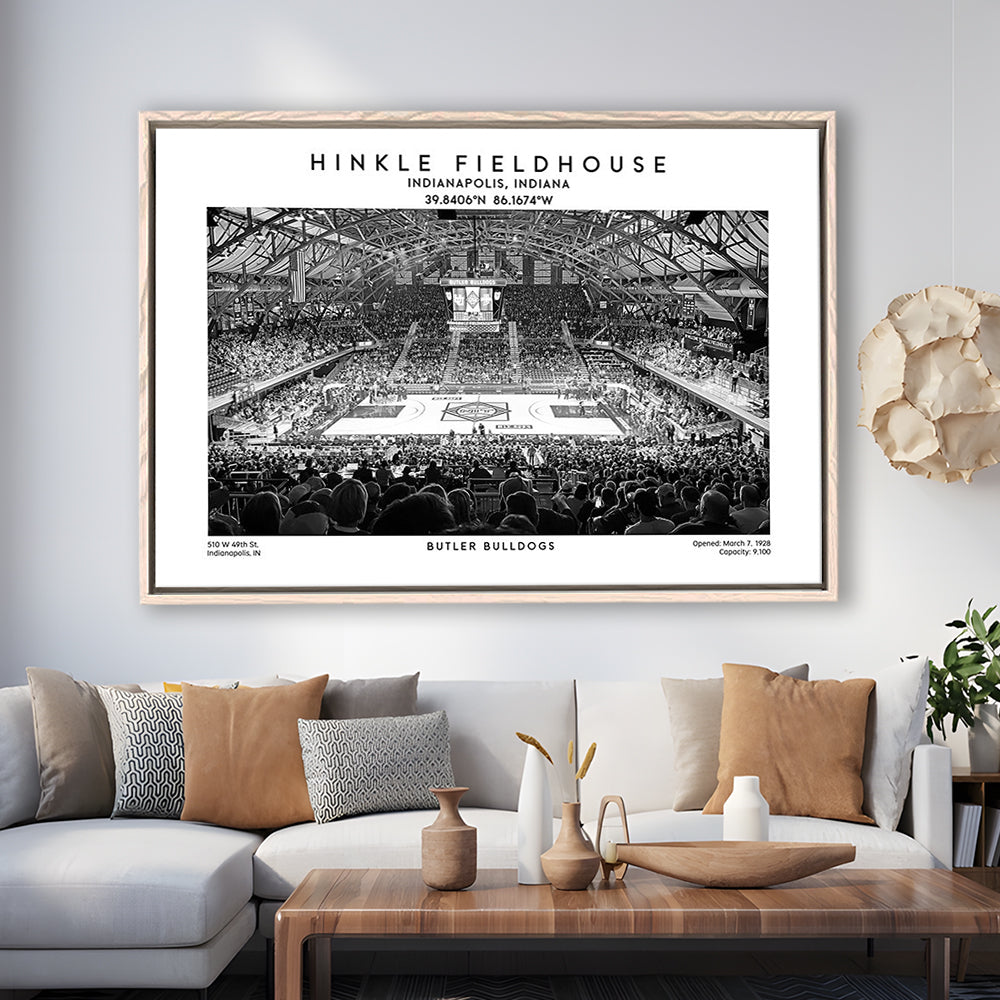 Hinkle Fieldhouse Stadium Black And White, Bulldogs Basketball Stadium Wall Art Print, Framed Canvas Print Wall Art