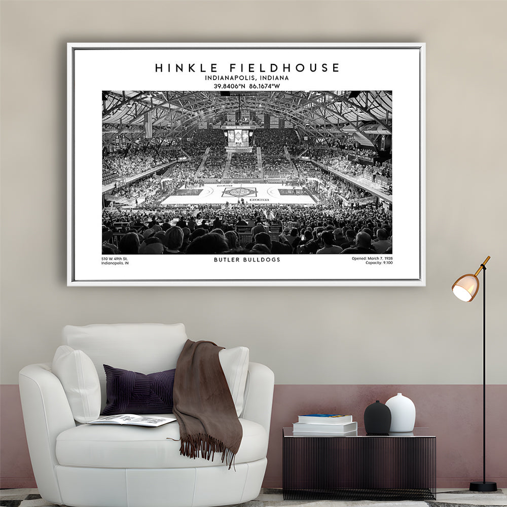 Hinkle Fieldhouse Stadium Black And White, Bulldogs Basketball Stadium Wall Art Print, Framed Canvas Print Wall Art