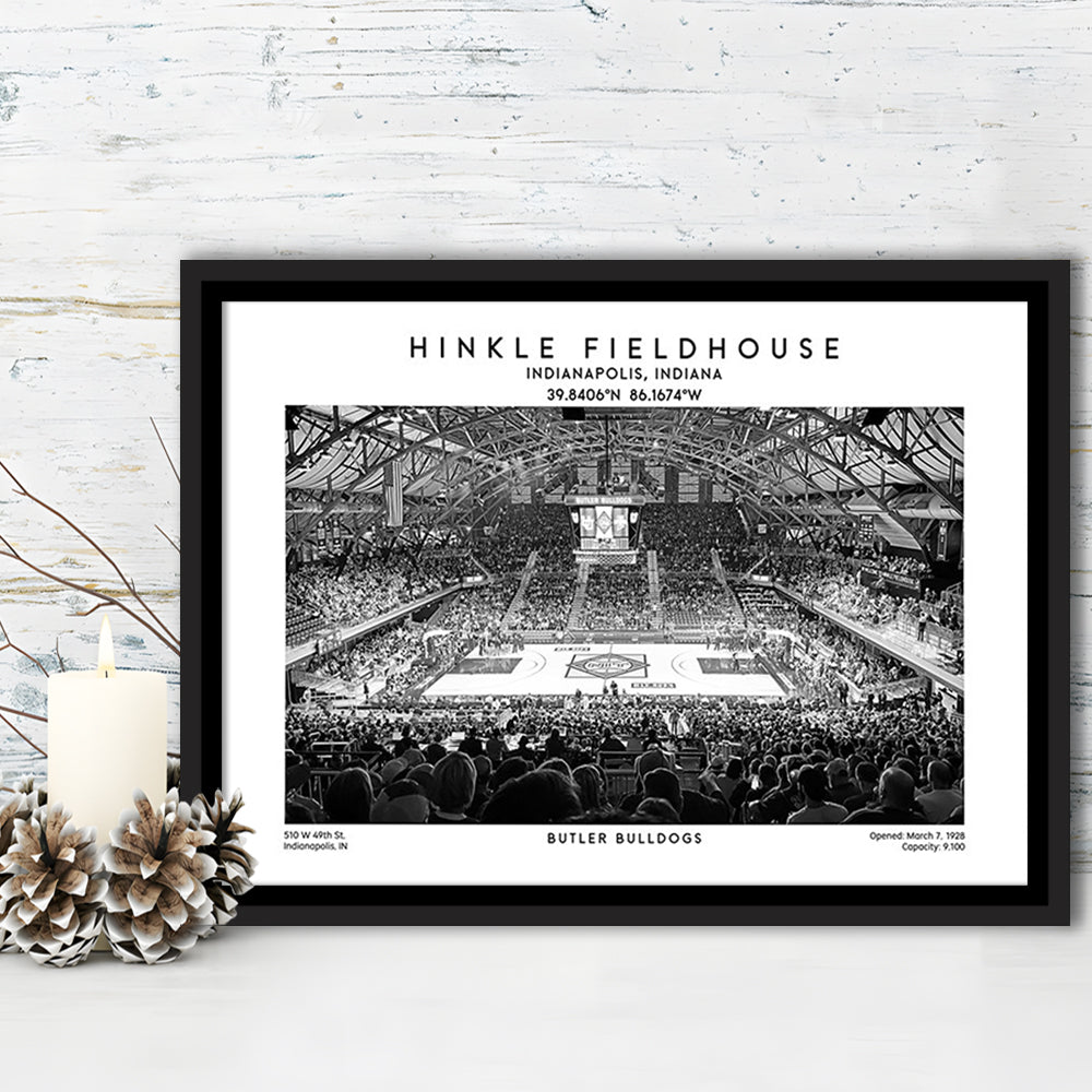 Hinkle Fieldhouse Stadium Black And White, Bulldogs Basketball Stadium Wall Art Print, Framed Canvas Print Wall Art