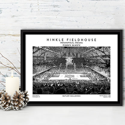 Hinkle Fieldhouse Stadium Black And White, Bulldogs Basketball Stadium Wall Art Print, Framed Canvas Print Wall Art