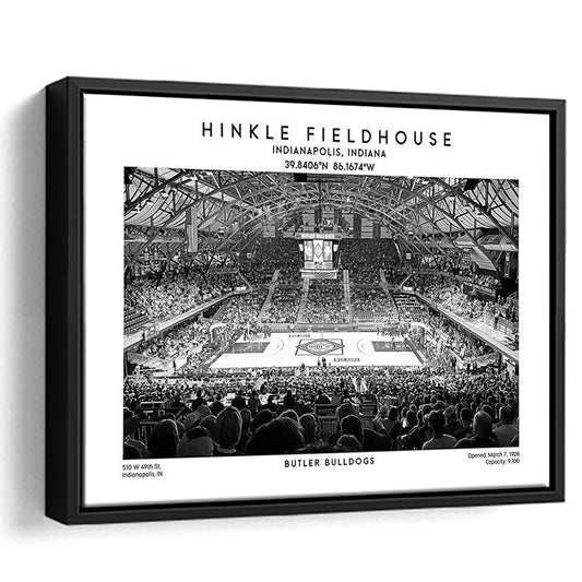Hinkle Fieldhouse Stadium Black And White, Bulldogs Basketball Stadium Wall Art Print, Framed Canvas Print Wall Art