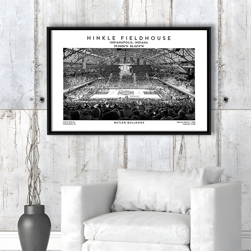 Hinkle Fieldhouse Stadium Black And White, Bulldogs Basketball Stadium Wall Art Print, Framed Canvas Print Wall Art