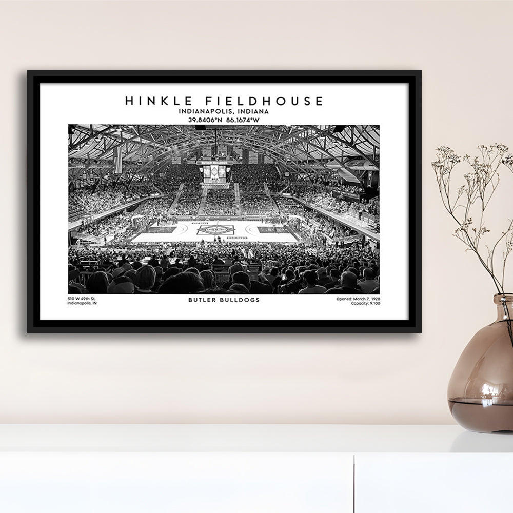 Hinkle Fieldhouse Stadium Black And White, Bulldogs Basketball Stadium Wall Art Print, Framed Canvas Print Wall Art