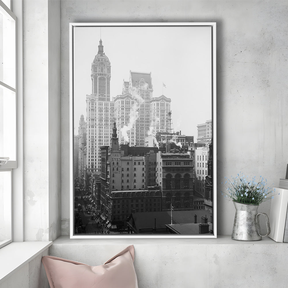 Historical New York City View Architecture Print Black and White Art, Floating Framed Canvas Print