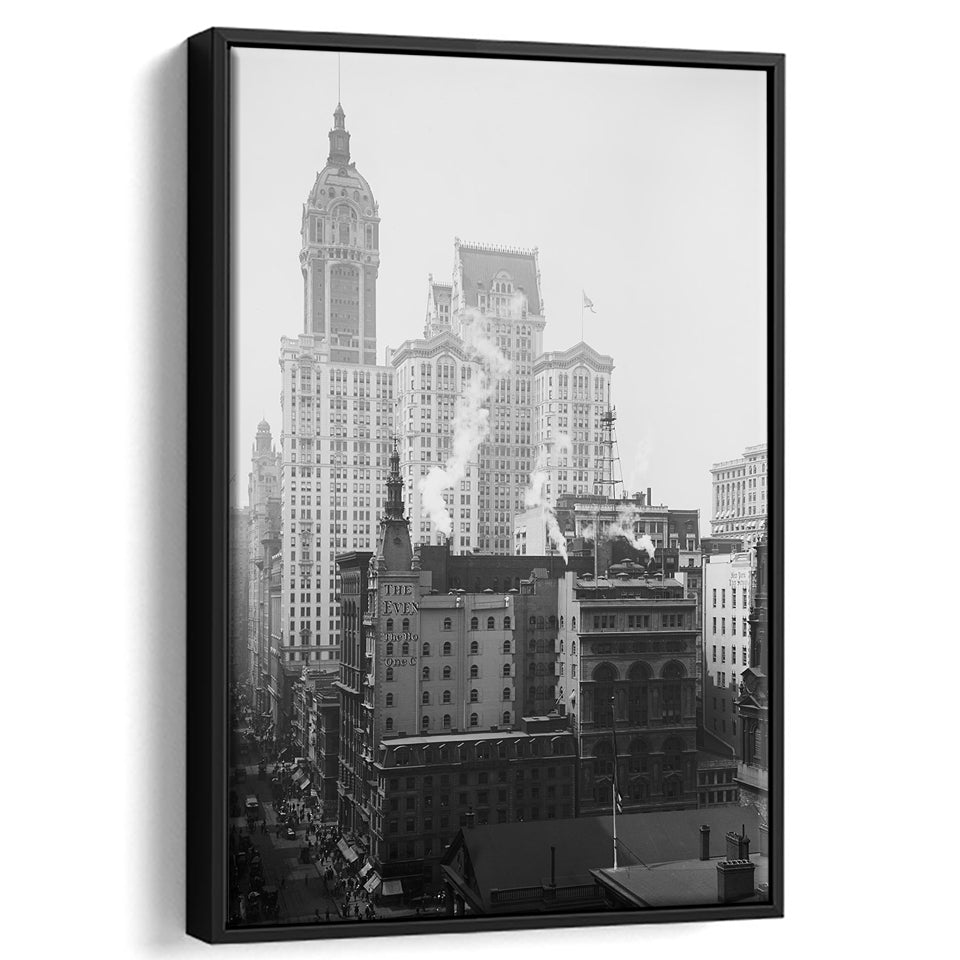 Historical New York City View Architecture Print Black and White Art, Floating Framed Canvas Print
