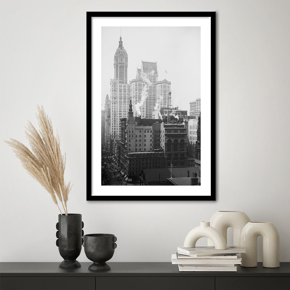Historical New York City View Architecture Print Black and White Art, Framed Art Print White Border Wall Decor