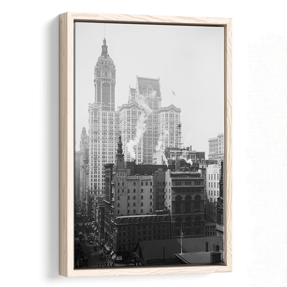 Historical New York City View Architecture Print Black and White Art, Floating Framed Canvas Print
