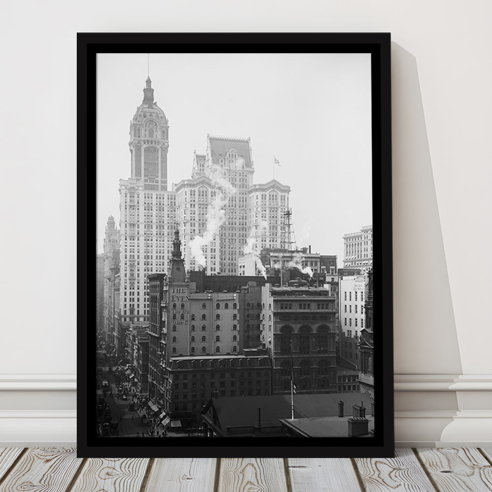 Historical New York City View Architecture Print Black and White Art, Floating Framed Canvas Print