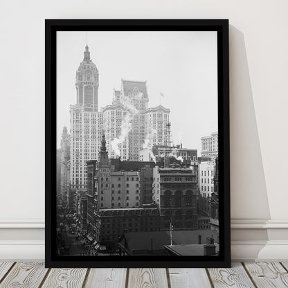 Historical New York City View Architecture Print Black and White Art, Floating Framed Canvas Print