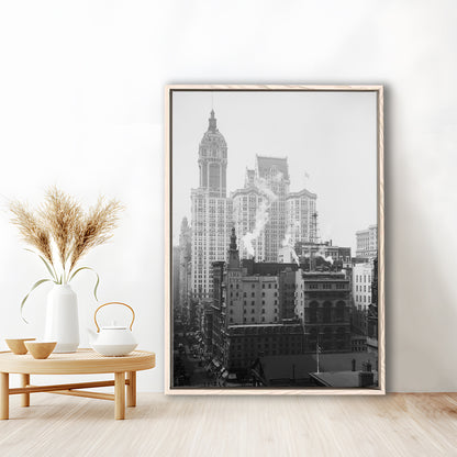 Historical New York City View Architecture Print Black and White Art, Floating Framed Canvas Print