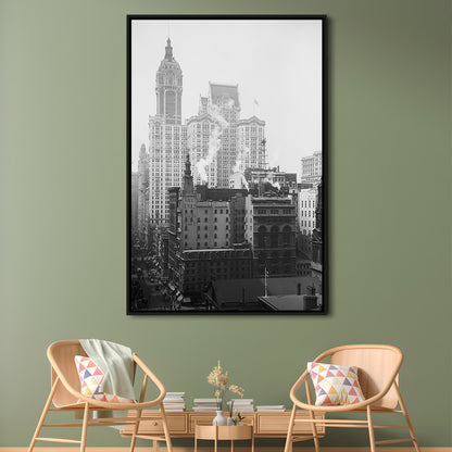 Historical New York City View Architecture Print Black and White Art, Floating Framed Canvas Print