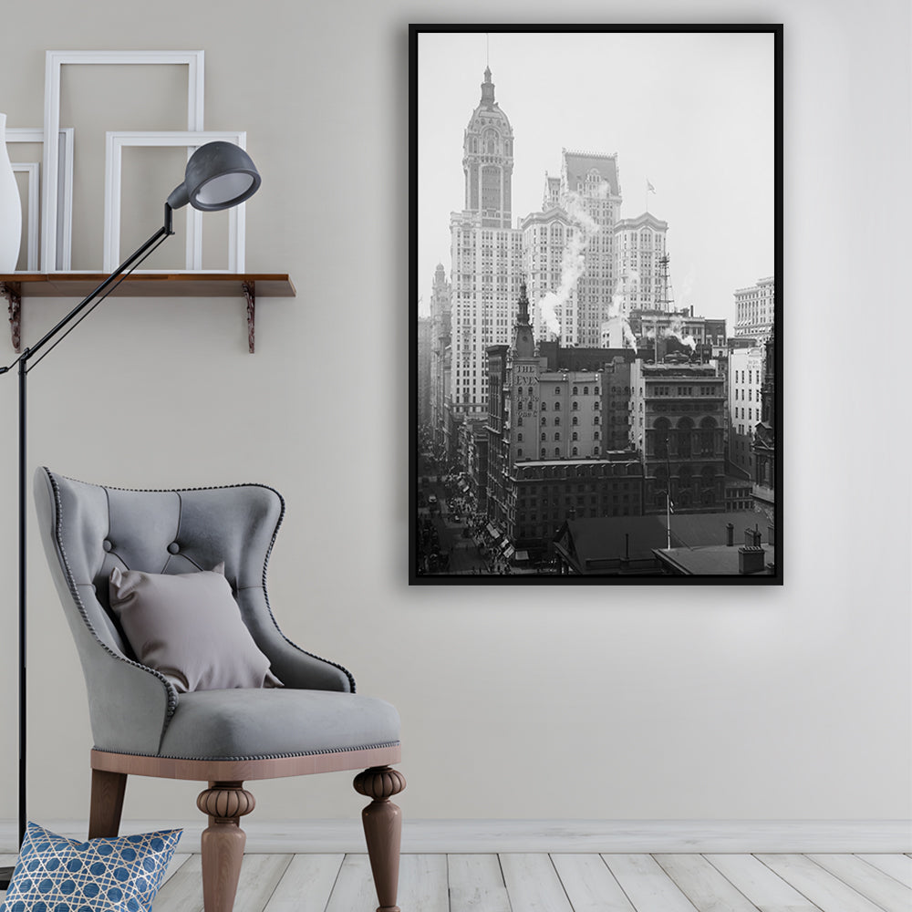 Historical New York City View Architecture Print Black and White Art, Floating Framed Canvas Print
