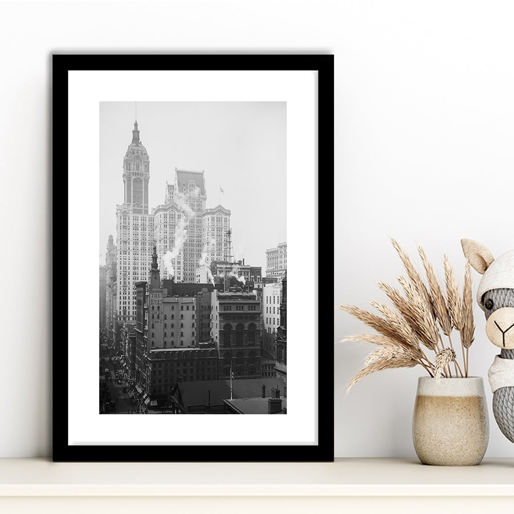 Historical New York City View Architecture Print Black and White Art, Framed Art Print White Border Wall Decor