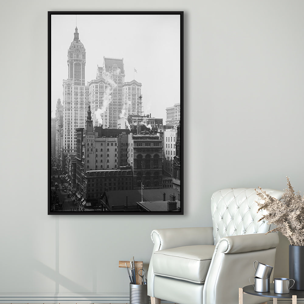 Historical New York City View Architecture Print Black and White Art, Floating Framed Canvas Print