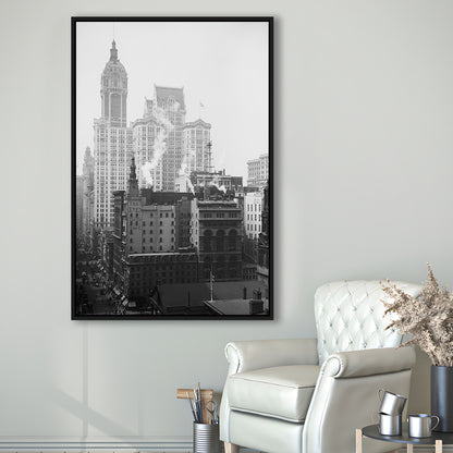 Historical New York City View Architecture Print Black and White Art, Floating Framed Canvas Print