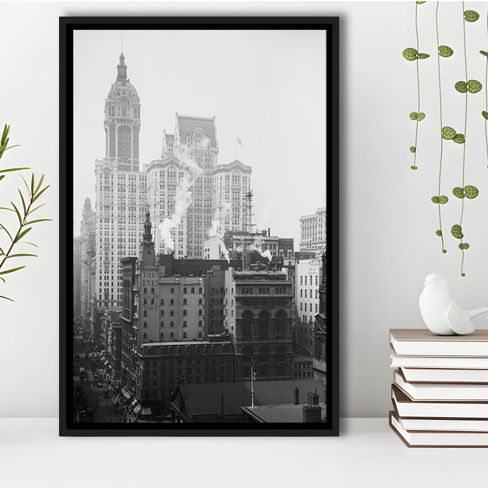 Historical New York City View Architecture Print Black and White Art, Floating Framed Canvas Print