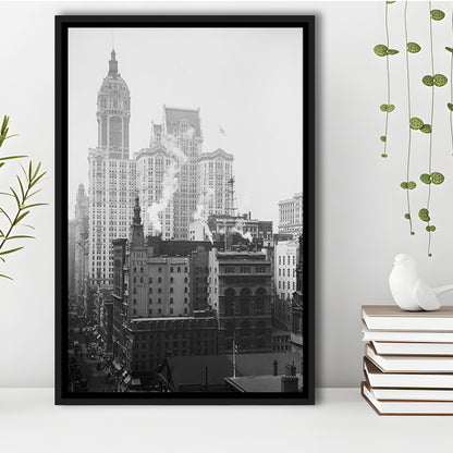 Historical New York City View Architecture Print Black and White Art, Floating Framed Canvas Print