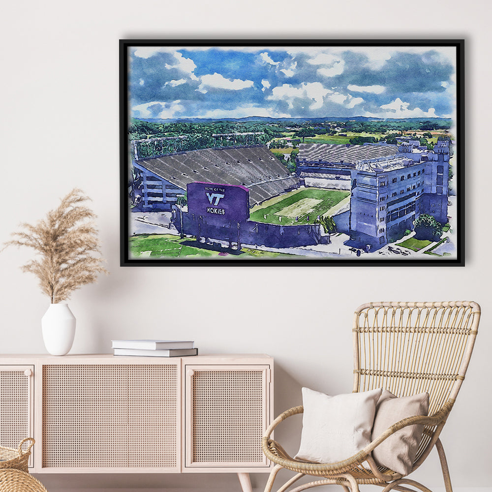 Hokies Football Stadium, Lane Painting Stadium Watercolor, Sport Gift Art, Framed Canvas Print Wall Art
