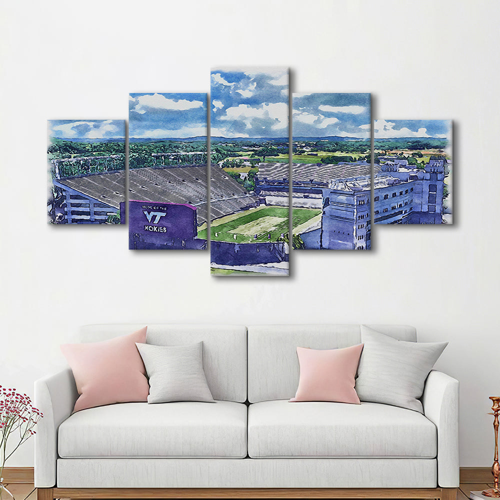 Hokies Football Stadium, Lane Painting Stadium Watercolor, Sport Art, Mixed 5 Panel, Canvas Print Wall Art