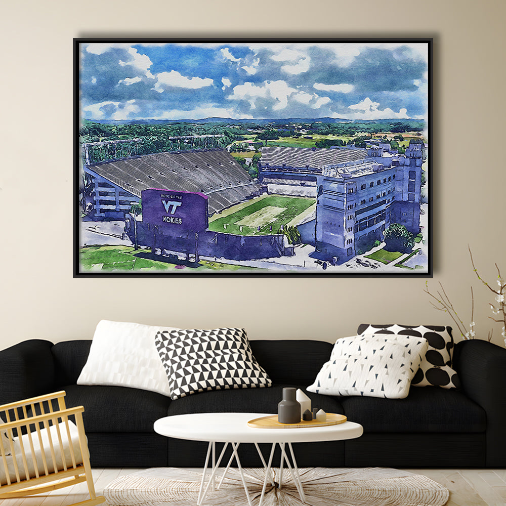 Hokies Football Stadium, Lane Painting Stadium Watercolor, Sport Gift Art, Framed Canvas Print Wall Art