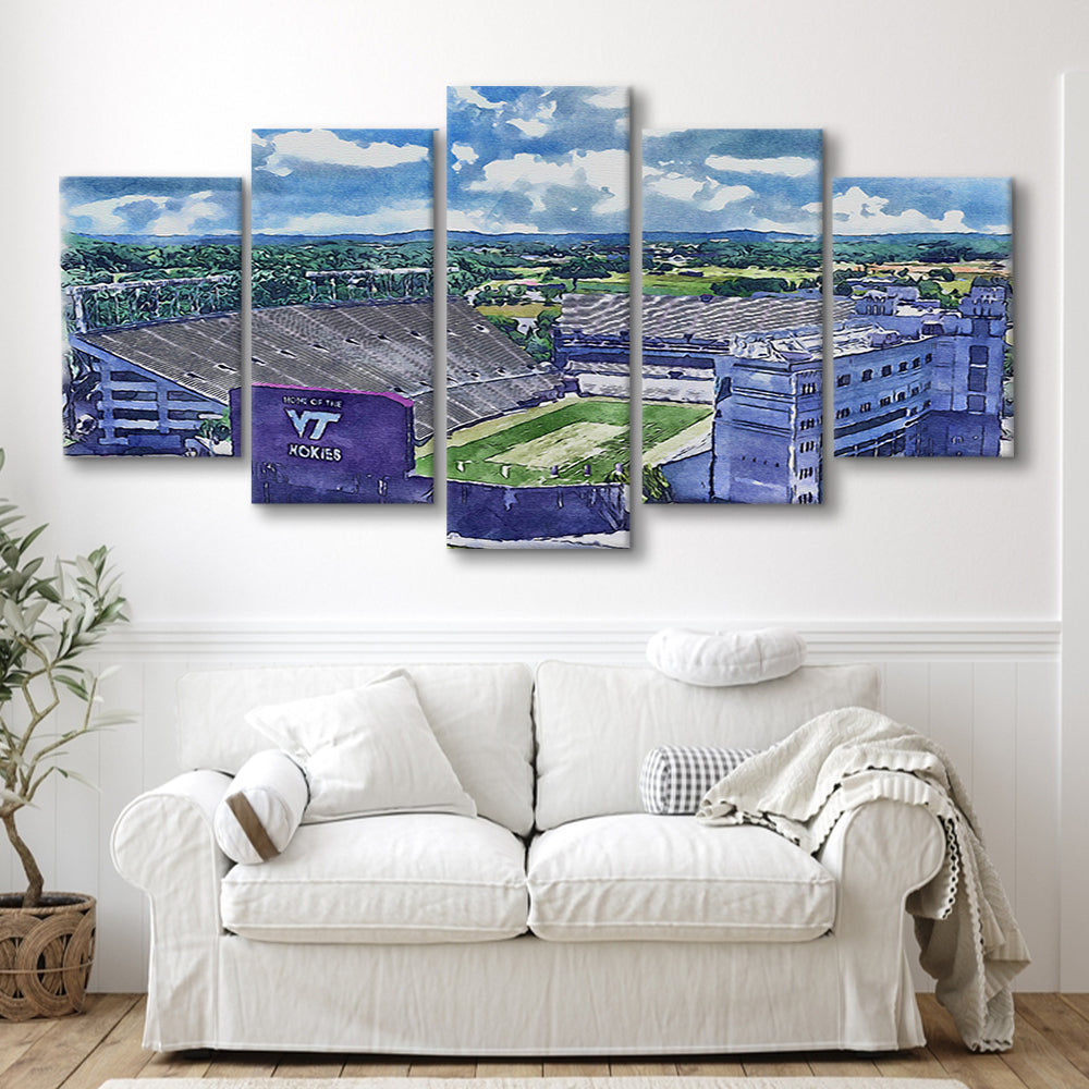 Hokies Football Stadium, Lane Painting Stadium Watercolor, Sport Art, Mixed 5 Panel, Canvas Print Wall Art