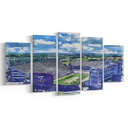 Hokies Football Stadium, Lane Painting Stadium Watercolor, Sport Art, Mixed 5 Panel, Canvas Print Wall Art