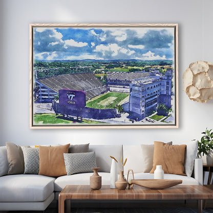 Hokies Football Stadium, Lane Painting Stadium Watercolor, Sport Gift Art, Framed Canvas Print Wall Art