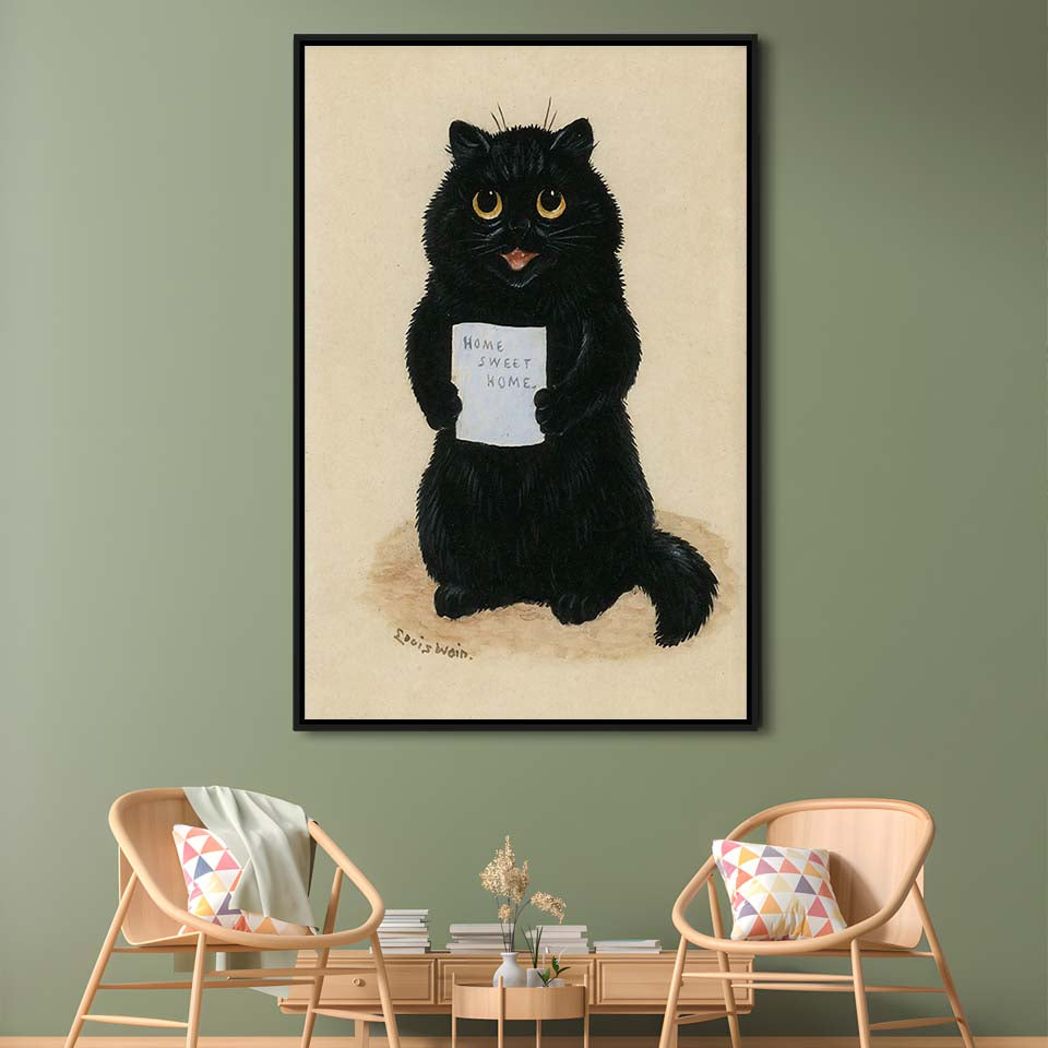 Home Sweet Home By Louis Wain Art Print, Louis Wain, Cat Wall Decor, Cat, Animal Wall Decor, Framed Canvas Print, Floating Frame