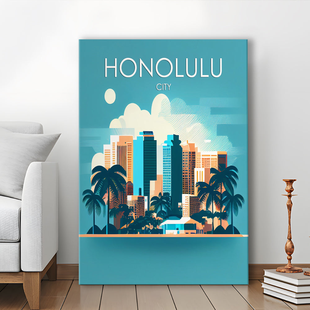 Honolulu City Retro Art Print, Honolulu City City Wall Art, Canvas Print, Painting Canvas, Living Room Decor