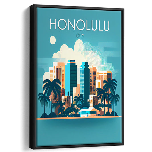 Honolulu City Retro Art Print, Honolulu City City Wall Art, Floating Framed Canvas Print, Framed Picture, Painting Canvas